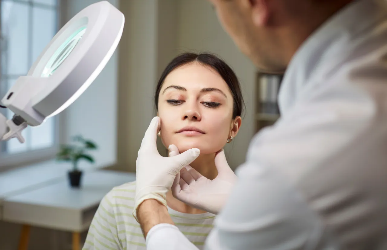 A specialist examining the skin of a female patient